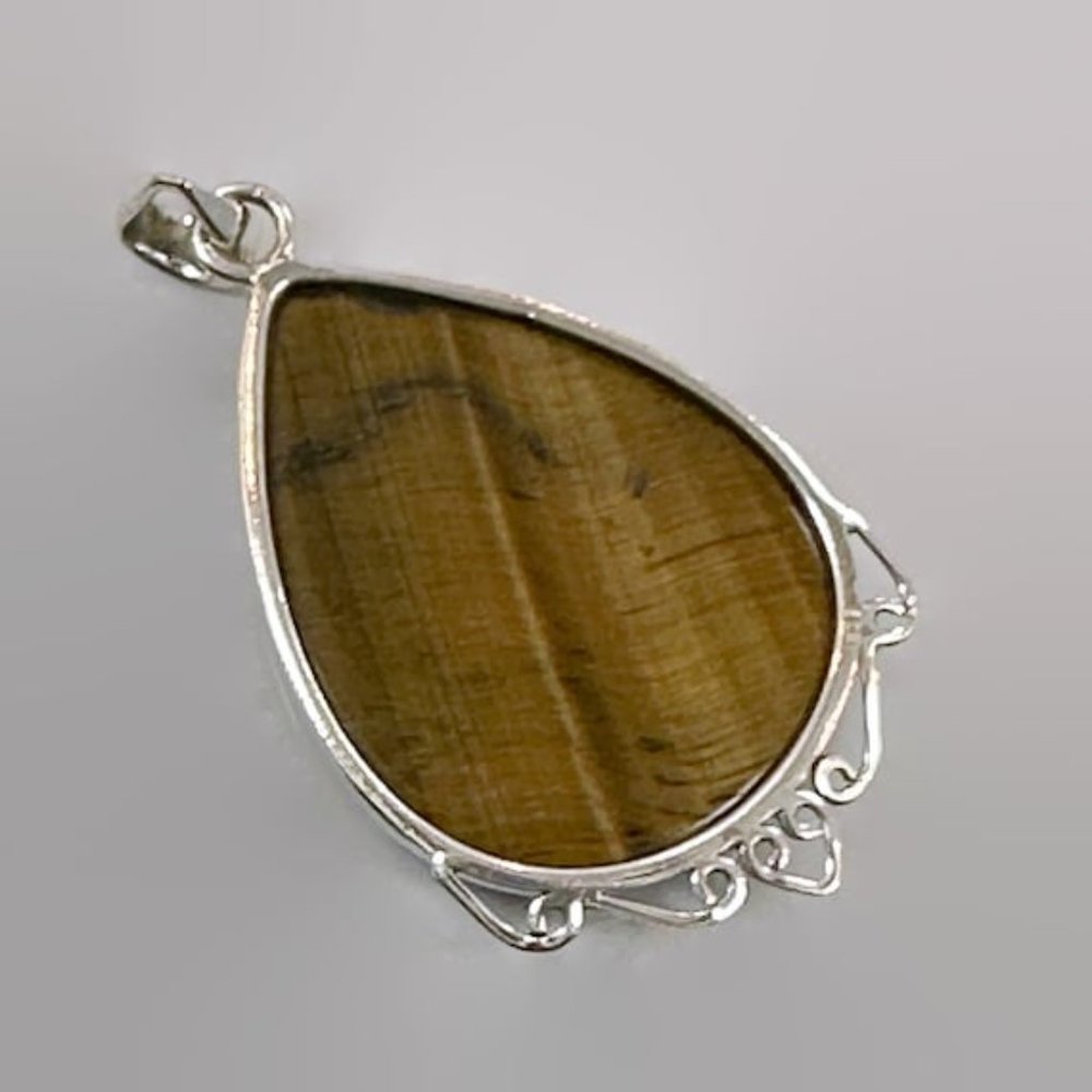 Tigers Eye Pendant, Sterling Silver, Vintage, Big Stone, 2 1/3" Long, Large - Picture 4 of 4